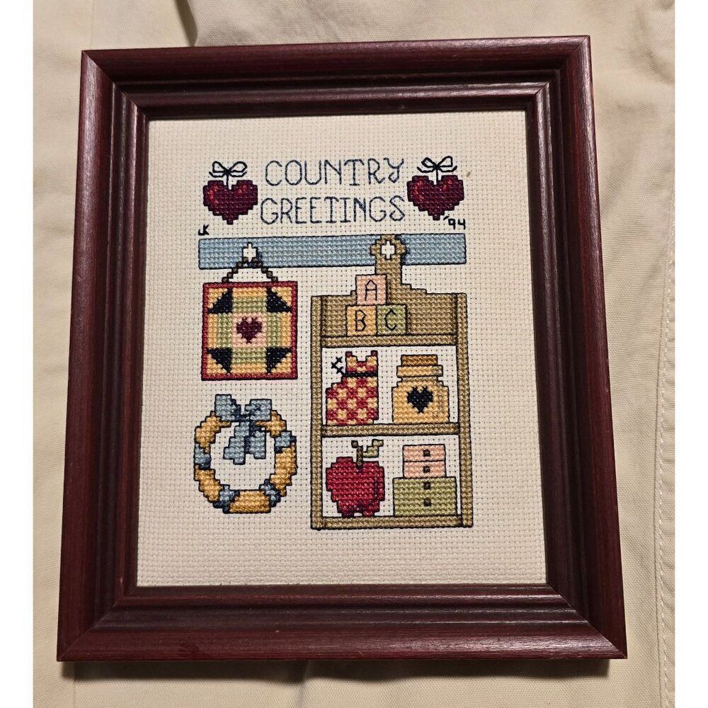 Country Greetings Hand-Stitched Cross-Stitch Wall Art In Wood Frame